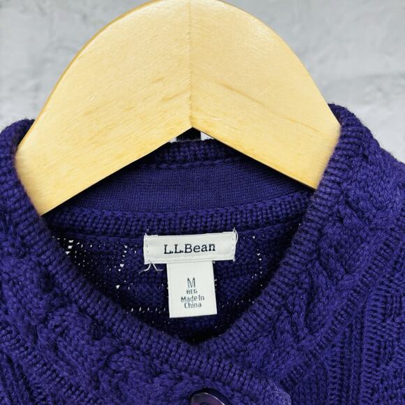 LL BEAN Sweater Womens M Button Up Cable Knit Cardigan Cotton Purple - Picture 2 of 6